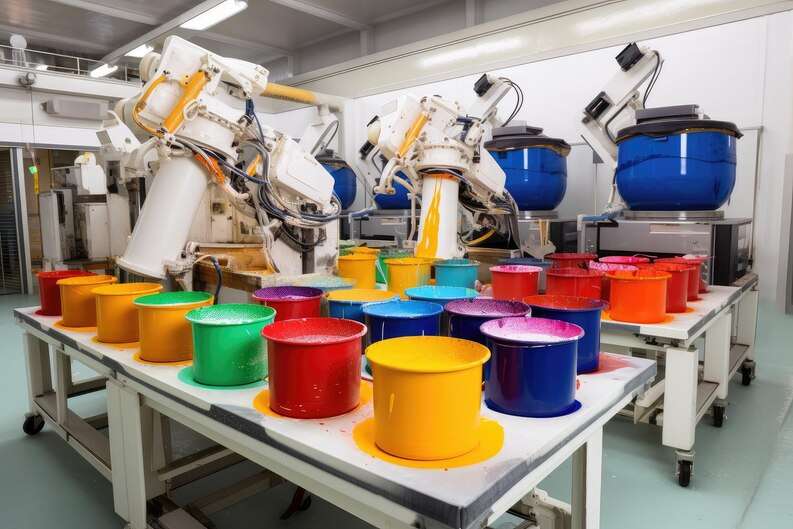 robotic system busy paint shop applying coats paint